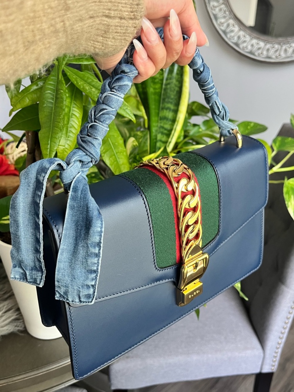 Authentic Gucci Sylvie Royal Blue Calfskin Leather with Gold-Tone Hardware